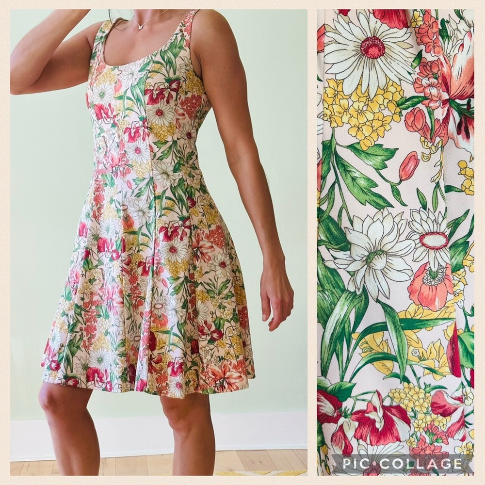 Dress Barn Spring Floral Scoop-Neck Midi Dress in Pink, Green, Yellow